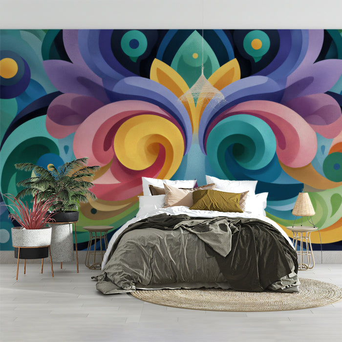 Symmetrical Abstract Floral Swirl Mural Wallpaper | Gradient Colors, Bold Pop Art, Fluid Curvilinear Design