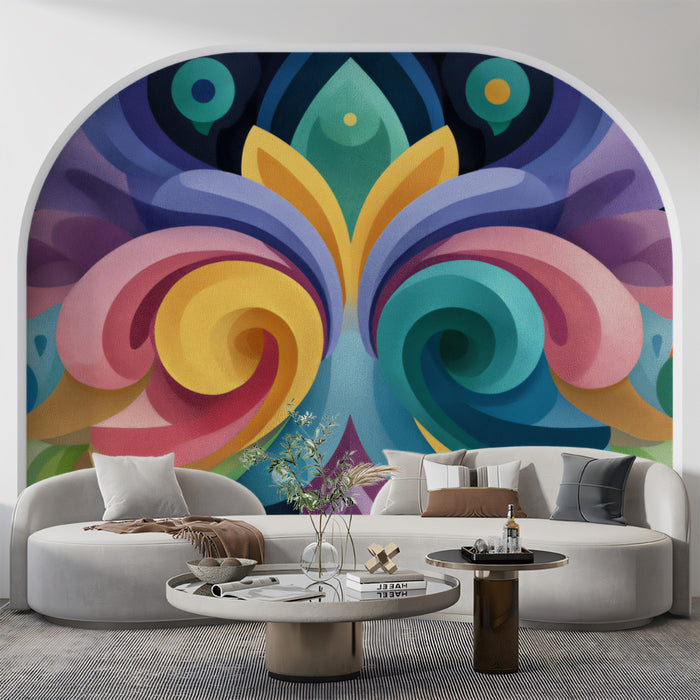 Symmetrical Abstract Floral Swirl Mural Wallpaper | Gradient Colors, Bold Pop Art, Fluid Curvilinear Design