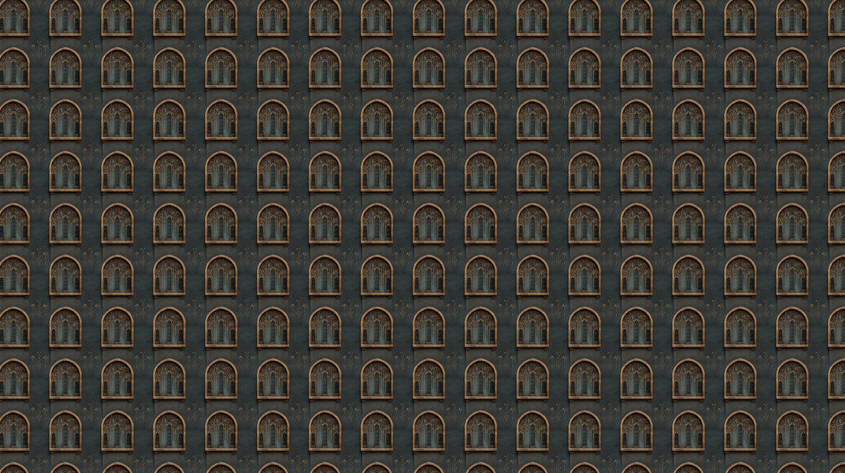 Repetitive Moorish Arch Window Mural Wallpaper | Repeating Print, Dark Teal Background, Intricate Architectural Motif