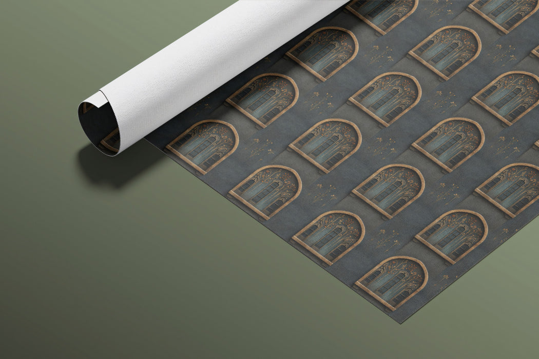 Repetitive Moorish Arch Window Mural Wallpaper | Repeating Print, Dark Teal Background, Intricate Architectural Motif