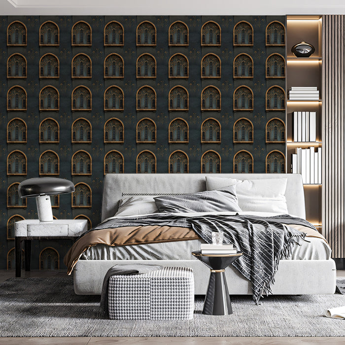 Repetitive Moorish Arch Window Mural Wallpaper | Repeating Print, Dark Teal Background, Intricate Architectural Motif