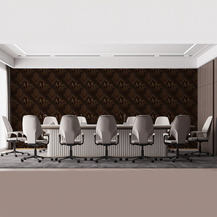 Micro Letter Gothic Repeat Mural Wallpaper | Repeating Print, Dark Brown, Ornate Medieval Motif