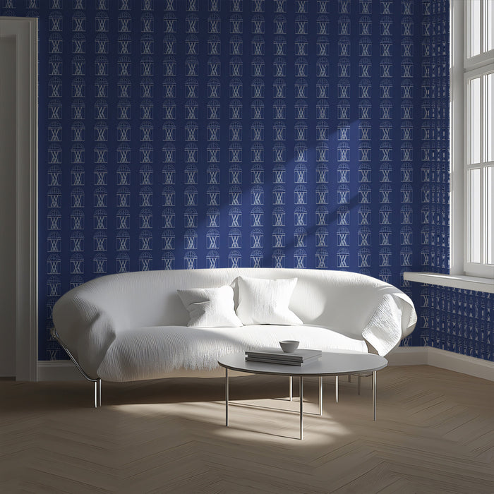 Minimalist Arch Repeat Navy Mural Wallpaper | Repeating Print, Deep Blue Backdrop, Crisp White Lines