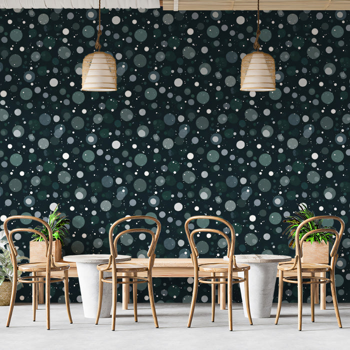 Random Dot Abstract Mural Wallpaper | Repeating Print, Dark Teal Background, Subtle Circles and Bokeh
