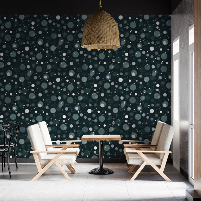 Random Dot Abstract Mural Wallpaper | Repeating Print, Dark Teal Background, Subtle Circles and Bokeh