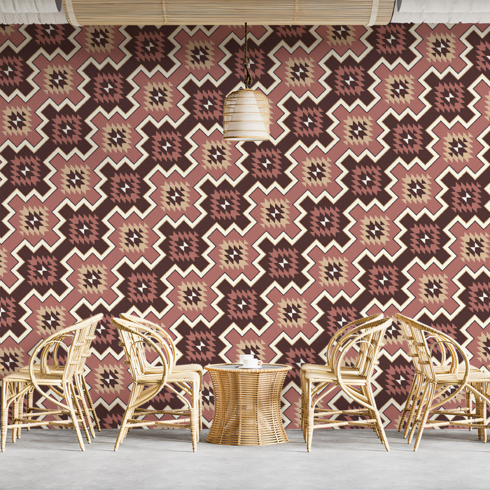 Geometric Southwest Woven Mural Wallpaper | Repeating Print, Earth Tones, Zigzag and Diamond Pattern
