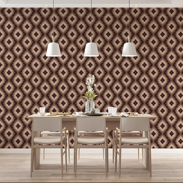 Micro Diamond Kilim Repeat Mural Wallpaper | Repeating Print, Brown and Beige, Traditional Woven Texture