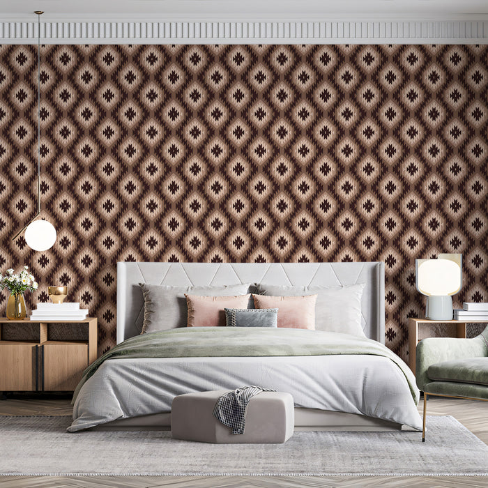 Micro Diamond Kilim Repeat Mural Wallpaper | Repeating Print, Brown and Beige, Traditional Woven Texture