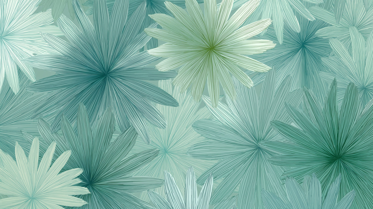 Linear Bloom Floral Cluster Mural Wallpaper | Repeating Print, Subtle Teal and Mint, Stylized Tropical Leaves