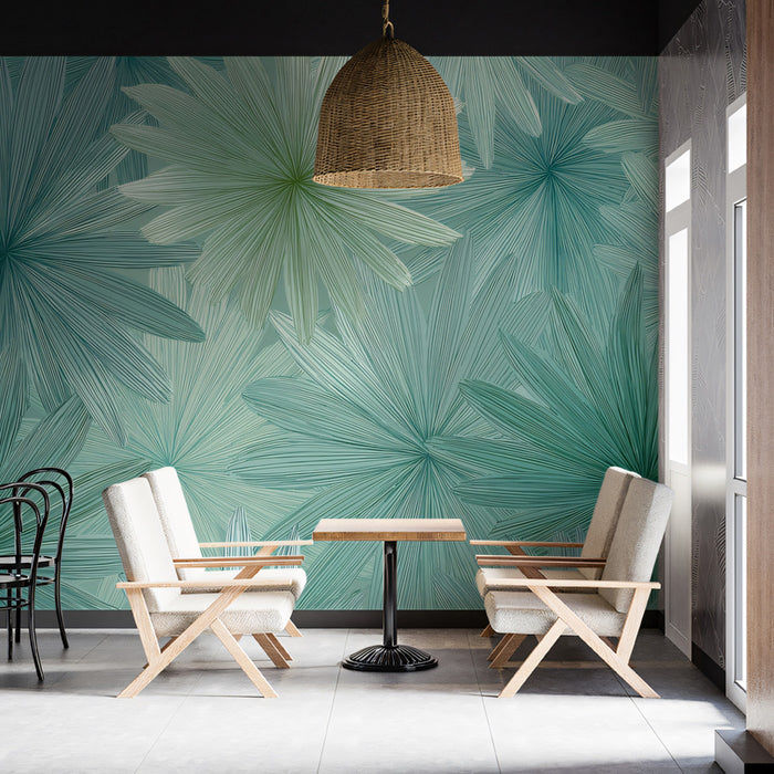 Linear Bloom Floral Cluster Mural Wallpaper | Repeating Print, Subtle Teal and Mint, Stylized Tropical Leaves