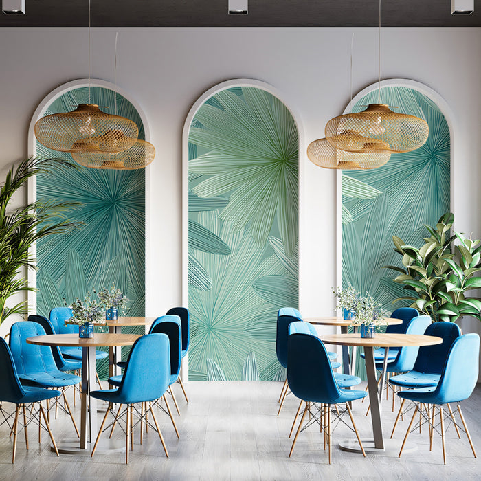 Linear Bloom Floral Cluster Mural Wallpaper | Repeating Print, Subtle Teal and Mint, Stylized Tropical Leaves