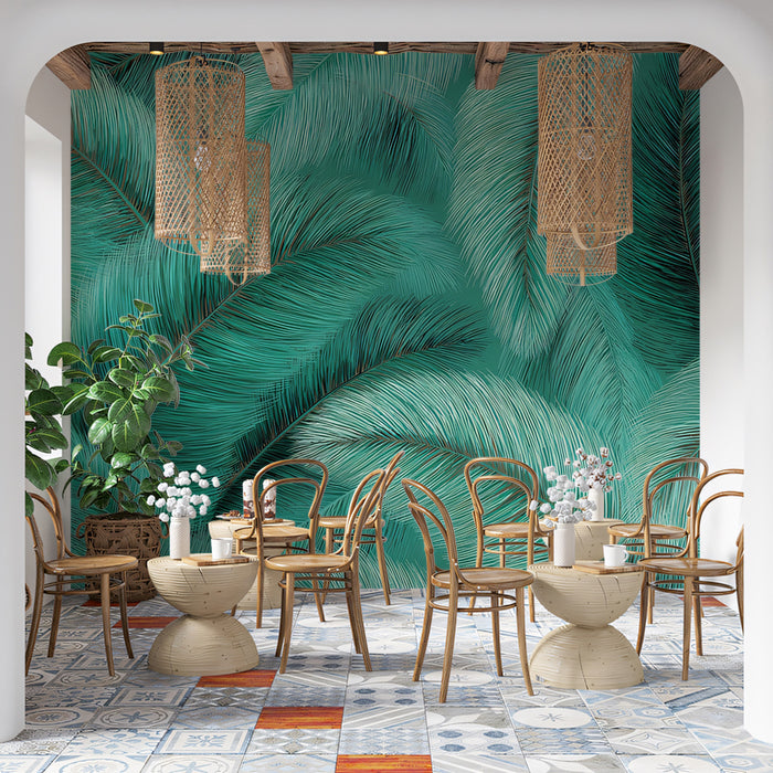 Textured Teal Palm Frond Mural Wallpaper | Repeating Print, Tropical Motif, Vibrant Aqua Greens, High Texture