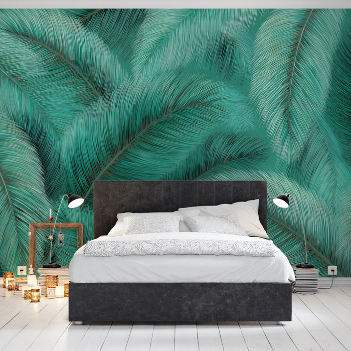 Textured Teal Palm Frond Mural Wallpaper | Repeating Print, Tropical Motif, Vibrant Aqua Greens, High Texture