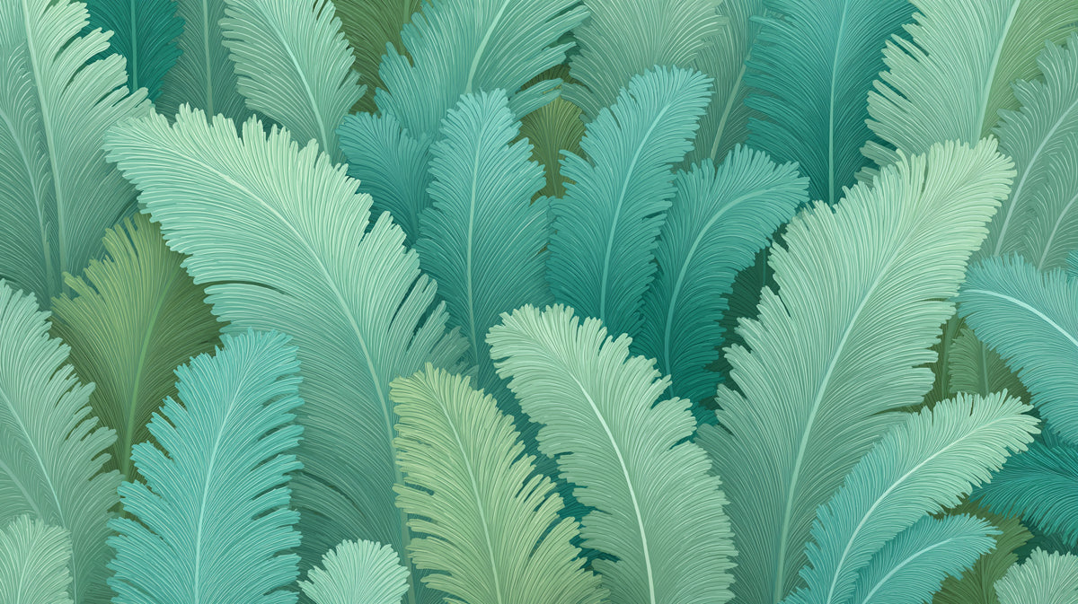 Layered Tropical Frond Mural Wallpaper | Repeating Print, Subtle Teal and Sage, High-Density Botanical Flow