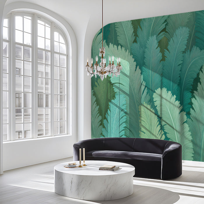 Layered Tropical Frond Mural Wallpaper | Repeating Print, Subtle Teal and Sage, High-Density Botanical Flow