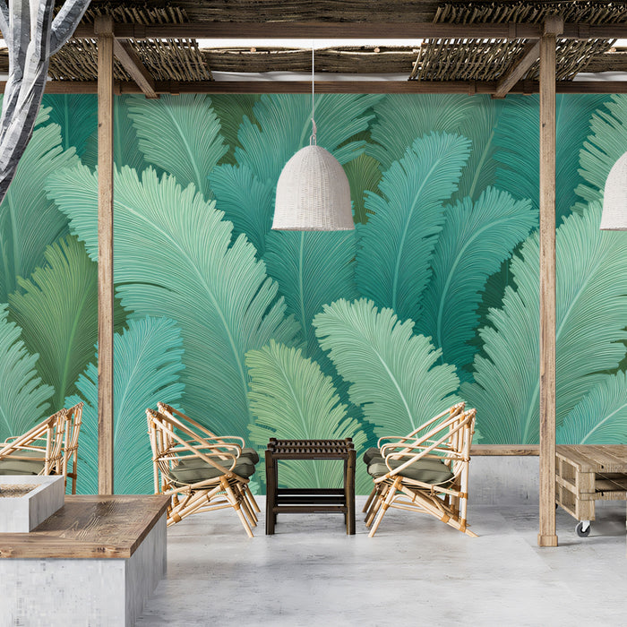 Layered Tropical Frond Mural Wallpaper | Repeating Print, Subtle Teal and Sage, High-Density Botanical Flow