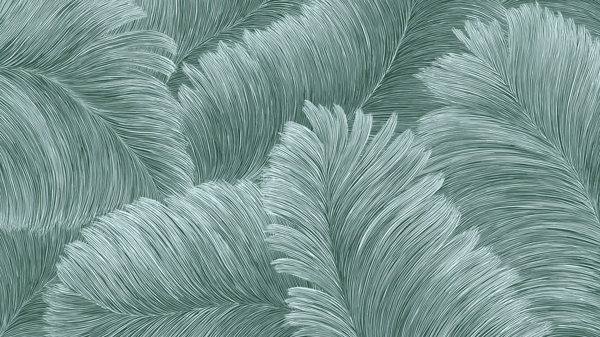 Feathered Swirl Abstract Mural Wallpaper | Repeating Print, Monochromatic Teal, Dynamic Organic Lines