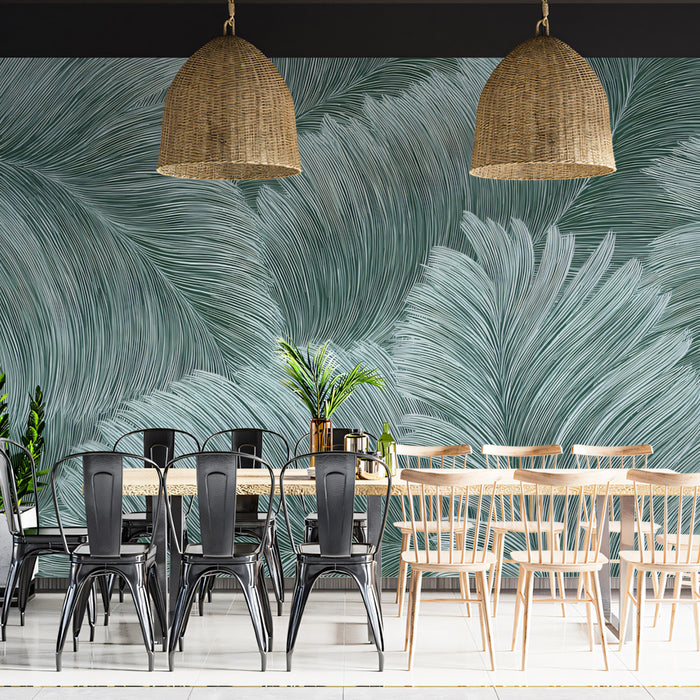 Feathered Swirl Abstract Mural Wallpaper | Repeating Print, Monochromatic Teal, Dynamic Organic Lines