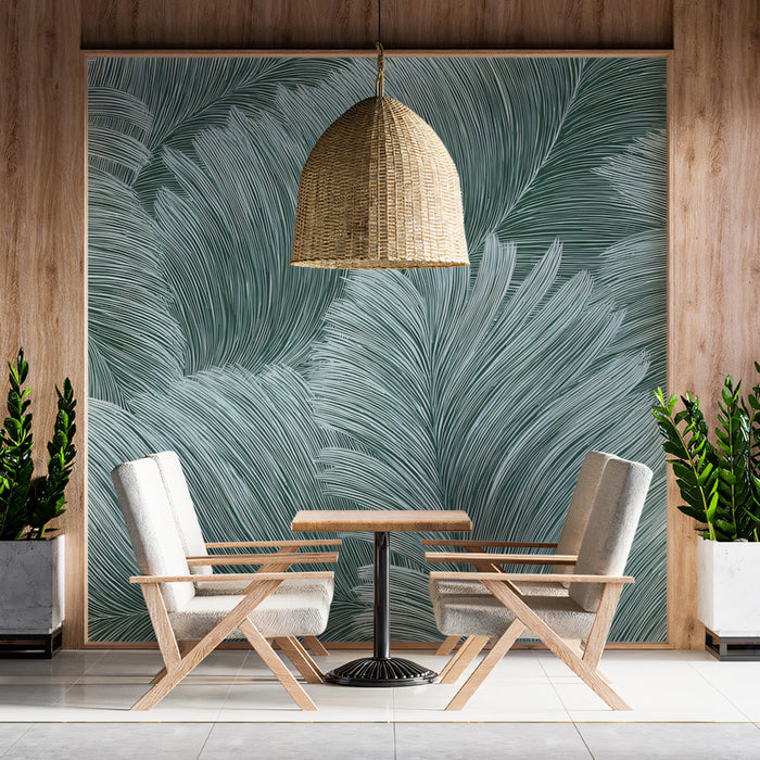 Feathered Swirl Abstract Mural Wallpaper | Repeating Print, Monochromatic Teal, Dynamic Organic Lines