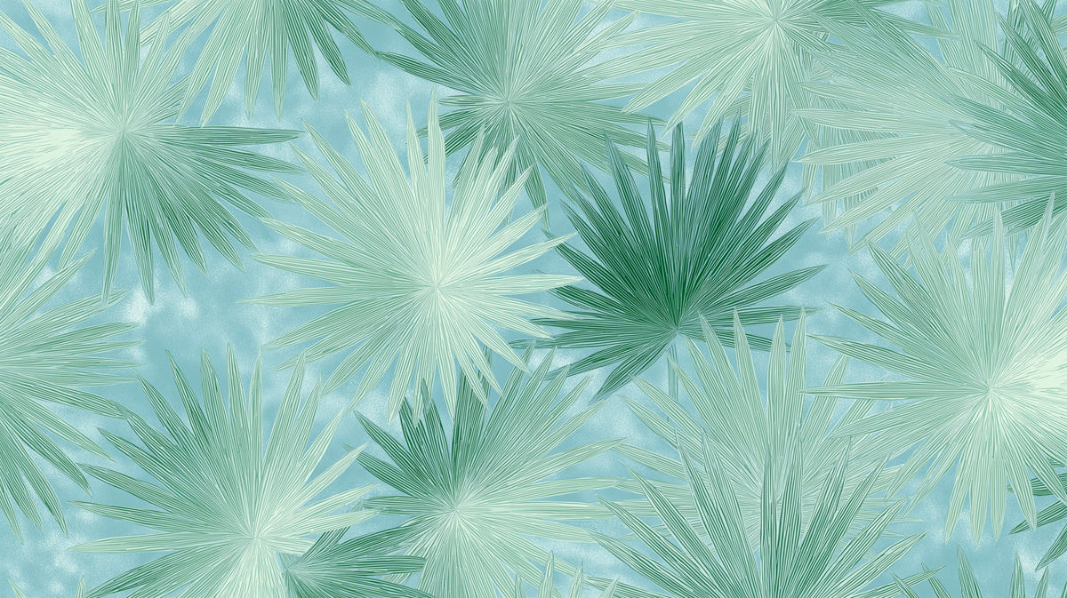 Stylized Palm Leaf Scatter Mural Wallpaper | Repeating Print, Aqua Blue Background, Vibrant Green Shades