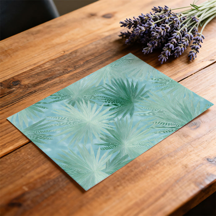 Stylized Palm Leaf Scatter Mural Wallpaper | Repeating Print, Aqua Blue Background, Vibrant Green Shades