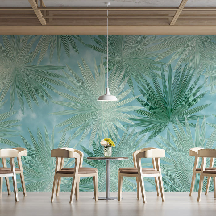 Stylized Palm Leaf Scatter Mural Wallpaper | Repeating Print, Aqua Blue Background, Vibrant Green Shades