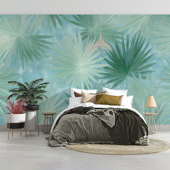 Stylized Palm Leaf Scatter Mural Wallpaper | Repeating Print, Aqua Blue Background, Vibrant Green Shades