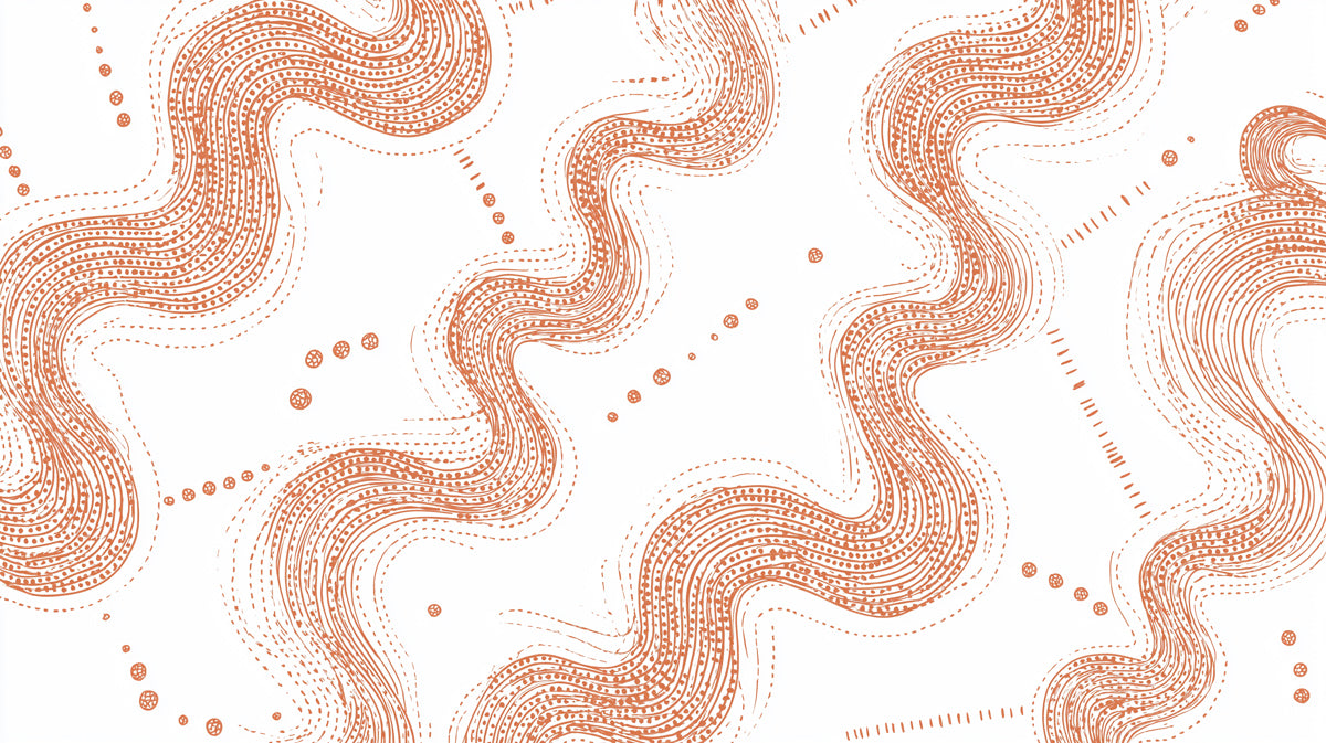 Abstract Wavy Line Art Mural Wallpaper | Repeating Print, Terracotta and White, Dynamic Curvilinear Pattern