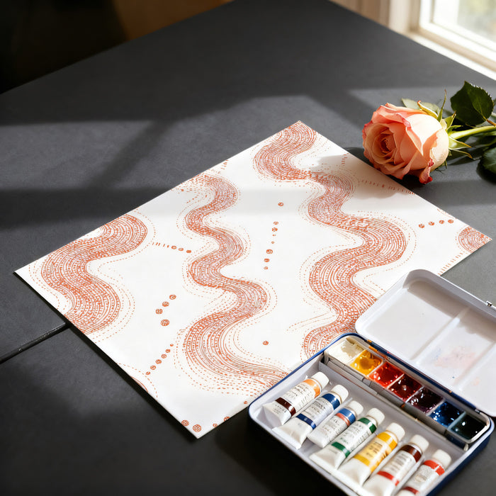 Abstract Wavy Line Art Mural Wallpaper | Repeating Print, Terracotta and White, Dynamic Curvilinear Pattern