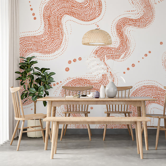 Abstract Wavy Line Art Mural Wallpaper | Repeating Print, Terracotta and White, Dynamic Curvilinear Pattern