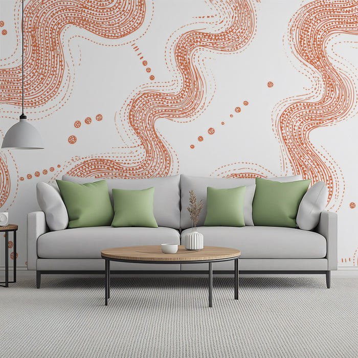 Abstract Wavy Line Art Mural Wallpaper | Repeating Print, Terracotta and White, Dynamic Curvilinear Pattern