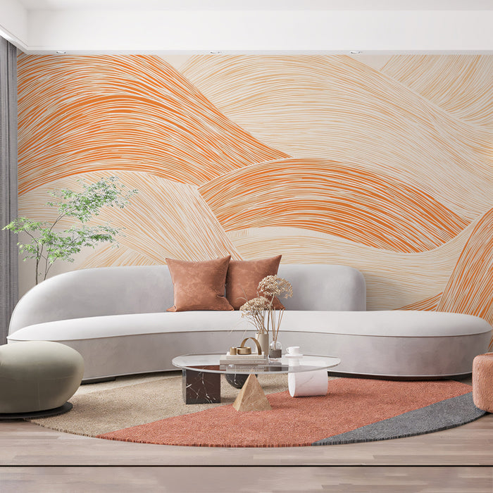Abstract Rolling Hills Mural Wallpaper | Repeating Print, Orange and Cream, Fluid Line Art, Minimalist Landscape