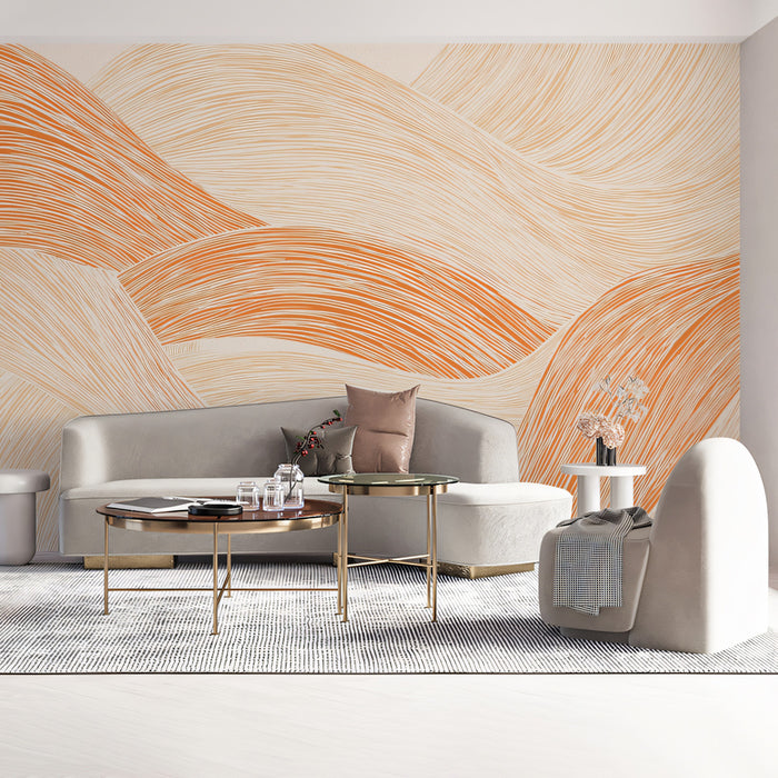 Abstract Rolling Hills Mural Wallpaper | Repeating Print, Orange and Cream, Fluid Line Art, Minimalist Landscape