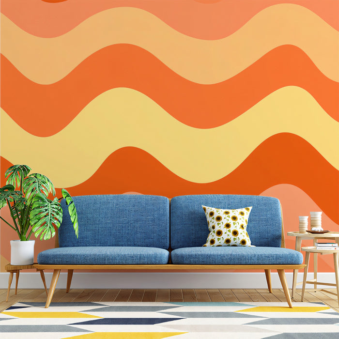 Retro Wavy Stripe Pattern Mural Wallpaper | Repeating Print, Orange and Yellow, High-Contrast Groovy Design