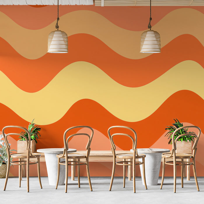 Retro Wavy Stripe Pattern Mural Wallpaper | Repeating Print, Orange and Yellow, High-Contrast Groovy Design