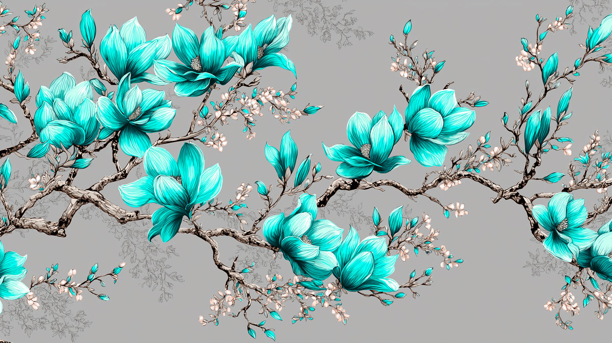 Teal Magnolia Blossom Floral Mural Wallpaper | Repeating Print, Gray Background, Intricate Botanical Lines