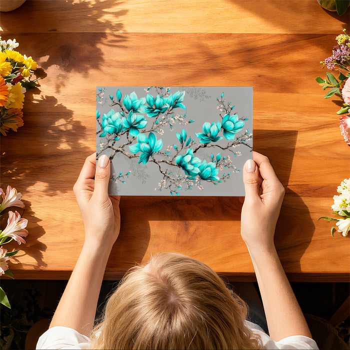 Teal Magnolia Blossom Floral Mural Wallpaper | Repeating Print, Gray Background, Intricate Botanical Lines