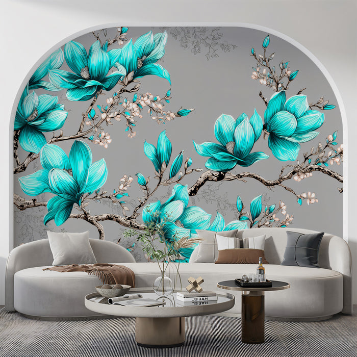 Teal Magnolia Blossom Floral Mural Wallpaper | Repeating Print, Gray Background, Intricate Botanical Lines
