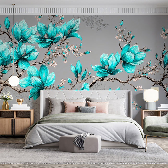 Teal Magnolia Blossom Floral Mural Wallpaper | Repeating Print, Gray Background, Intricate Botanical Lines