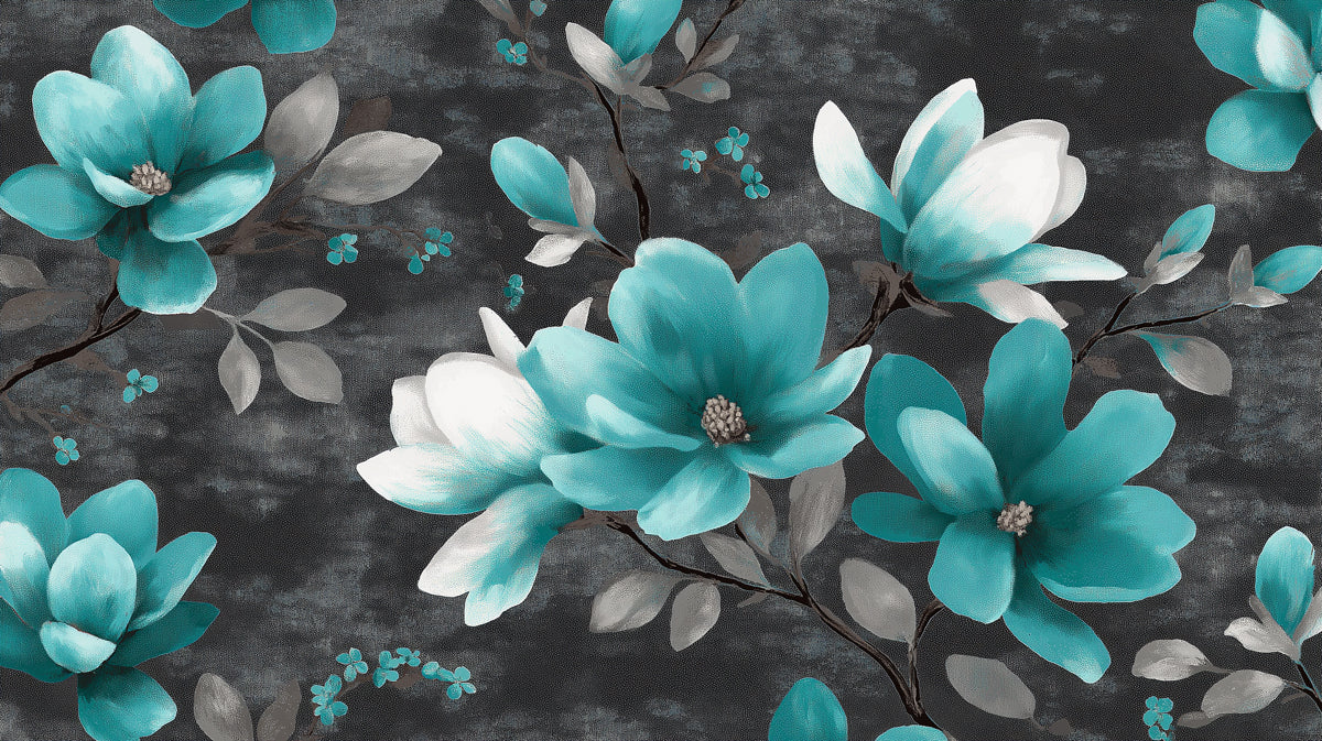 Teal and Gray Magnolia Mural Wallpaper | Repeating Print, Dark Monochrome Background, Dramatic Floral Contrast