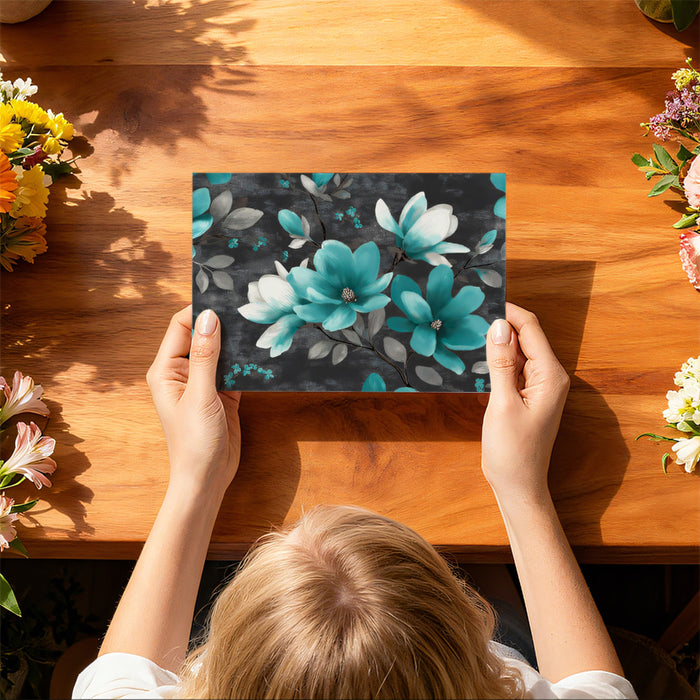 Teal and Gray Magnolia Mural Wallpaper | Repeating Print, Dark Monochrome Background, Dramatic Floral Contrast