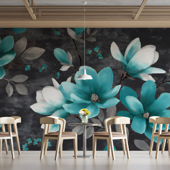 Teal and Gray Magnolia Mural Wallpaper | Repeating Print, Dark Monochrome Background, Dramatic Floral Contrast