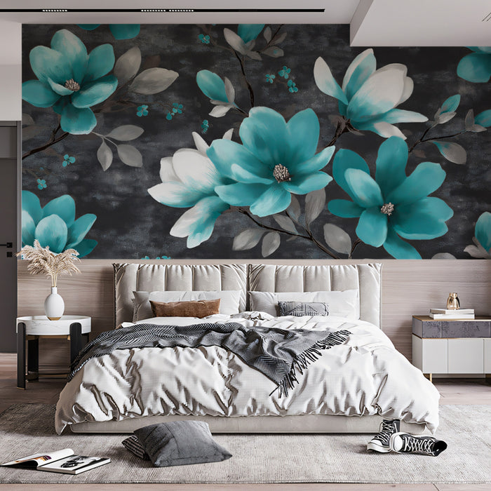 Teal and Gray Magnolia Mural Wallpaper | Repeating Print, Dark Monochrome Background, Dramatic Floral Contrast