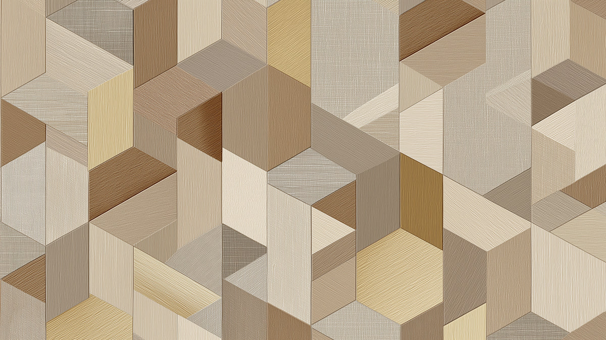 Geometric Woodgrain Cubes Mural Wallpaper | Repeating Print, Abstract 3D Hexagon, Natural Earth Tones