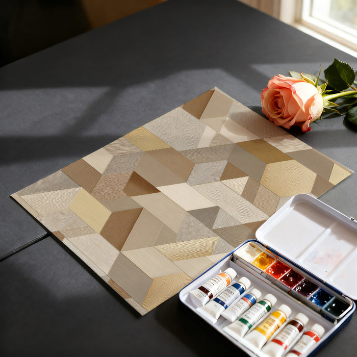 Geometric Woodgrain Cubes Mural Wallpaper | Repeating Print, Abstract 3D Hexagon, Natural Earth Tones