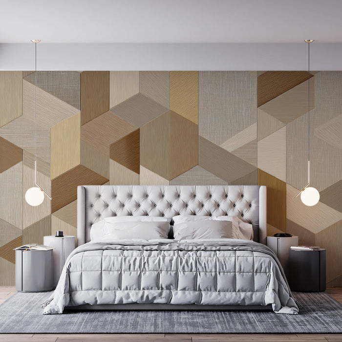 Geometric Woodgrain Cubes Mural Wallpaper | Repeating Print, Abstract 3D Hexagon, Natural Earth Tones