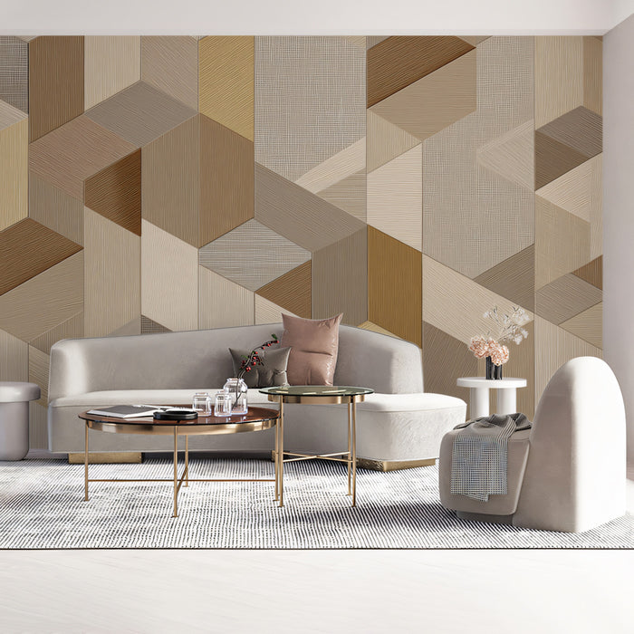 Geometric Woodgrain Cubes Mural Wallpaper | Repeating Print, Abstract 3D Hexagon, Natural Earth Tones