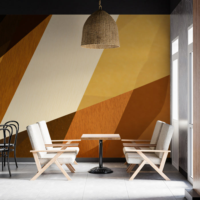 Abstract Woodgrain Geometric Mural Wallpaper | Repeating Print, Warm Brown Tones, Layered Diagonal Blocks