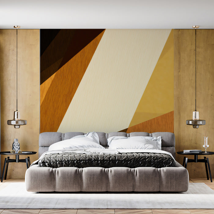 Abstract Woodgrain Geometric Mural Wallpaper | Repeating Print, Warm Brown Tones, Layered Diagonal Blocks