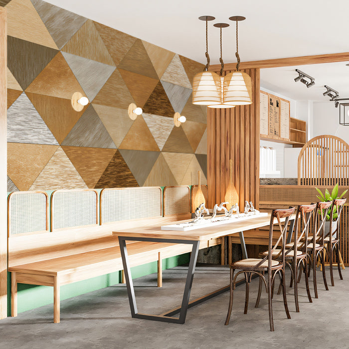 Geometric Triangle Wood Mosaic Mural Wallpaper | Repeating Print, Earth Tones, Abstract Patchwork Texture